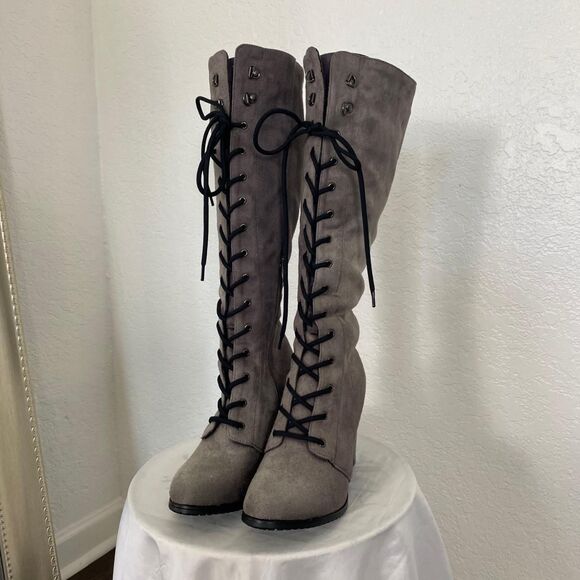 Witchy Whimsygoth Faux Suede Dark Light Gray Lace Up High Heel Boots US 9.5 - Picture 3 of 8